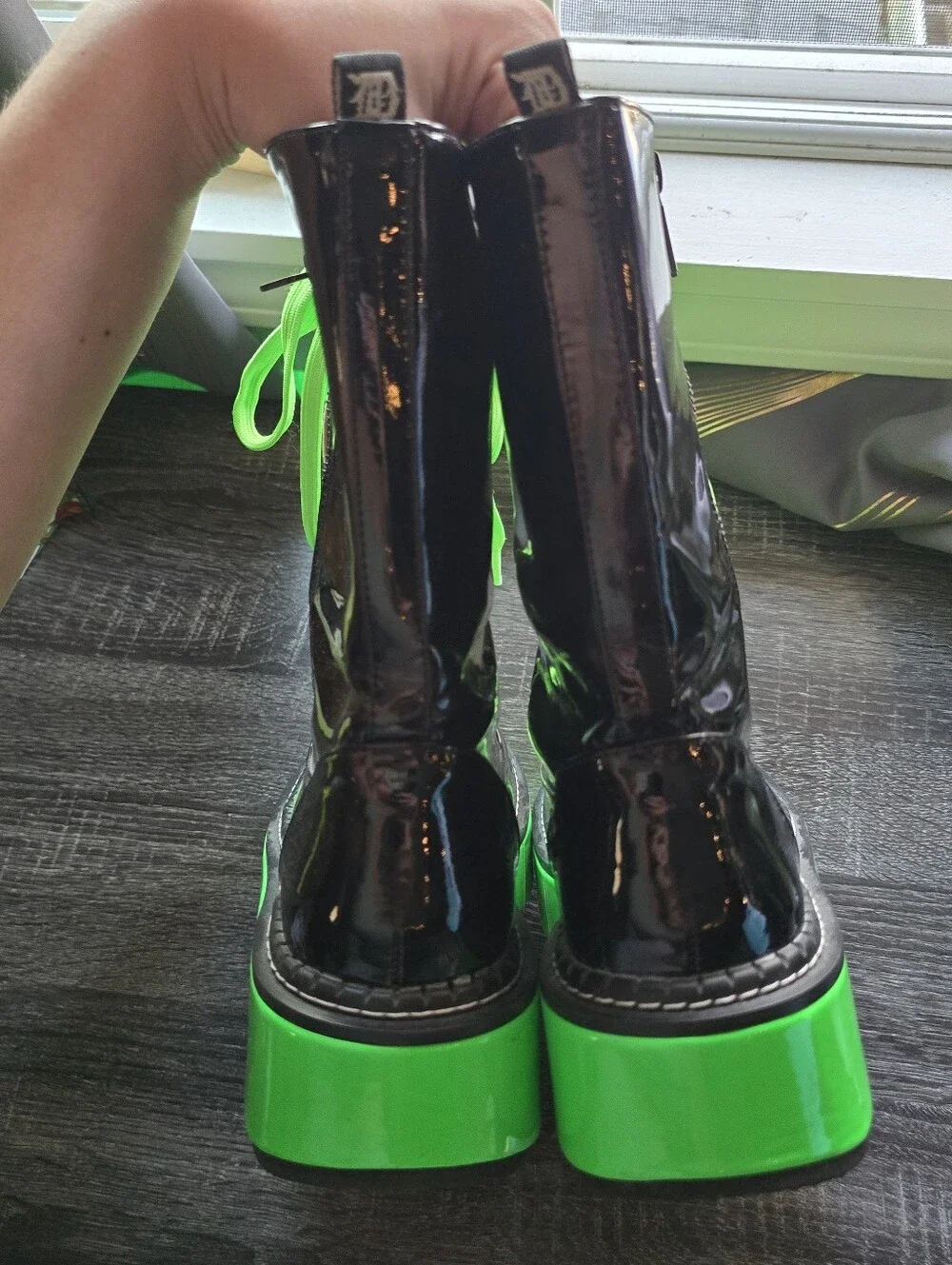 Demonia Emily 350 Neon Green UV Reactive Wrapped Platform Mid-Calf Platforms